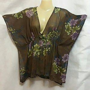 Body Central Womens Sheer Poncho Top Flowy Brown Floral Coverup